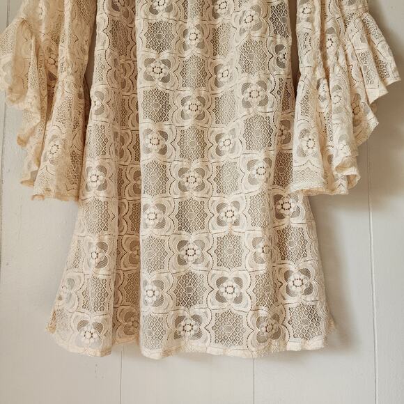 Boho Lace Neutral Western Judith March Bell Sleeve Mini Dress Medium - Picture 5 of 10